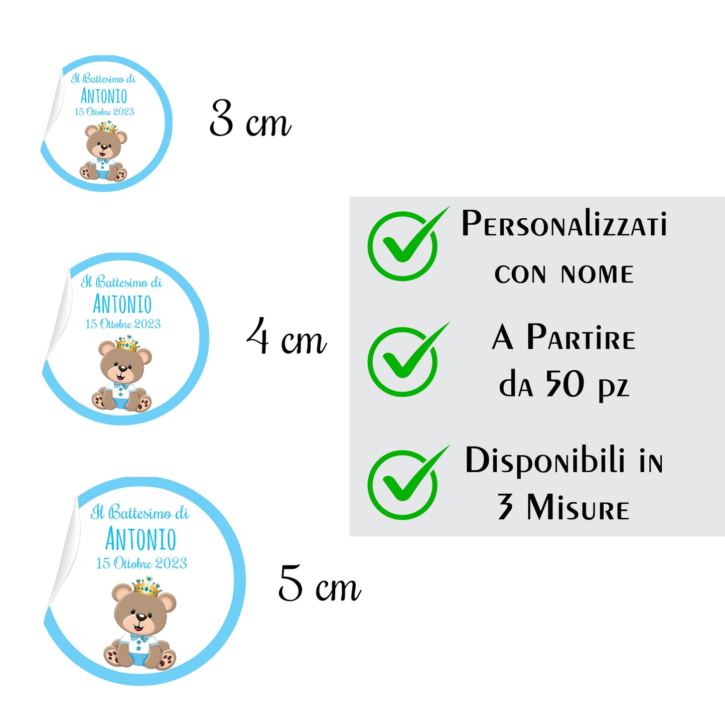 Tag Adesivi Personalizzati, Etichette Adesive per Battesimo e Nascita personalizzati Scegli la tua Misura e Personalizza (Orsetto Bimbo 8)