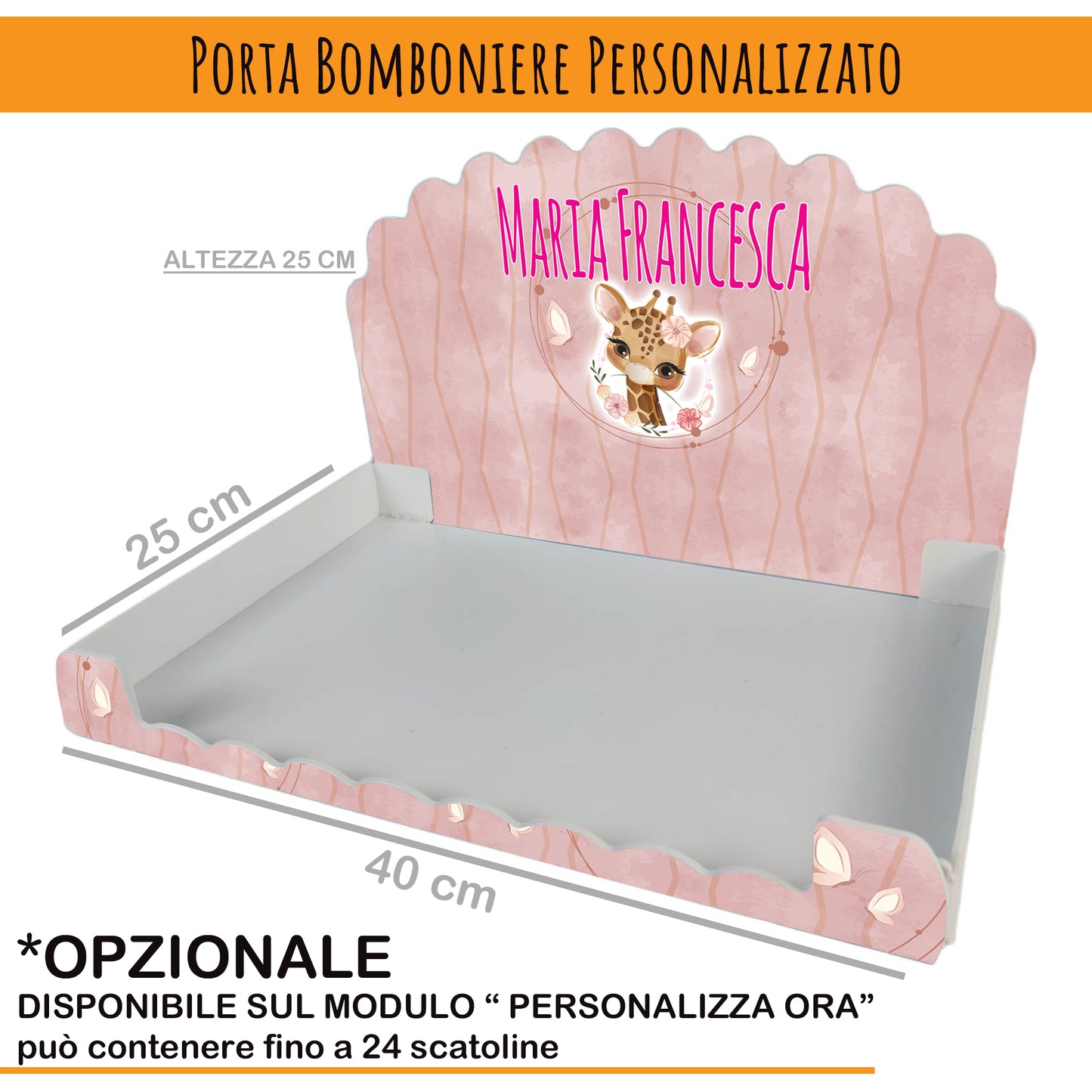 Pz 24+24 | Scatola Portaconfetti personalizzata con nome e data n. 24 scatole confetti + 24 Bigliettini Bomboniera, nastrino per chiusura incluso | Giraffa 28