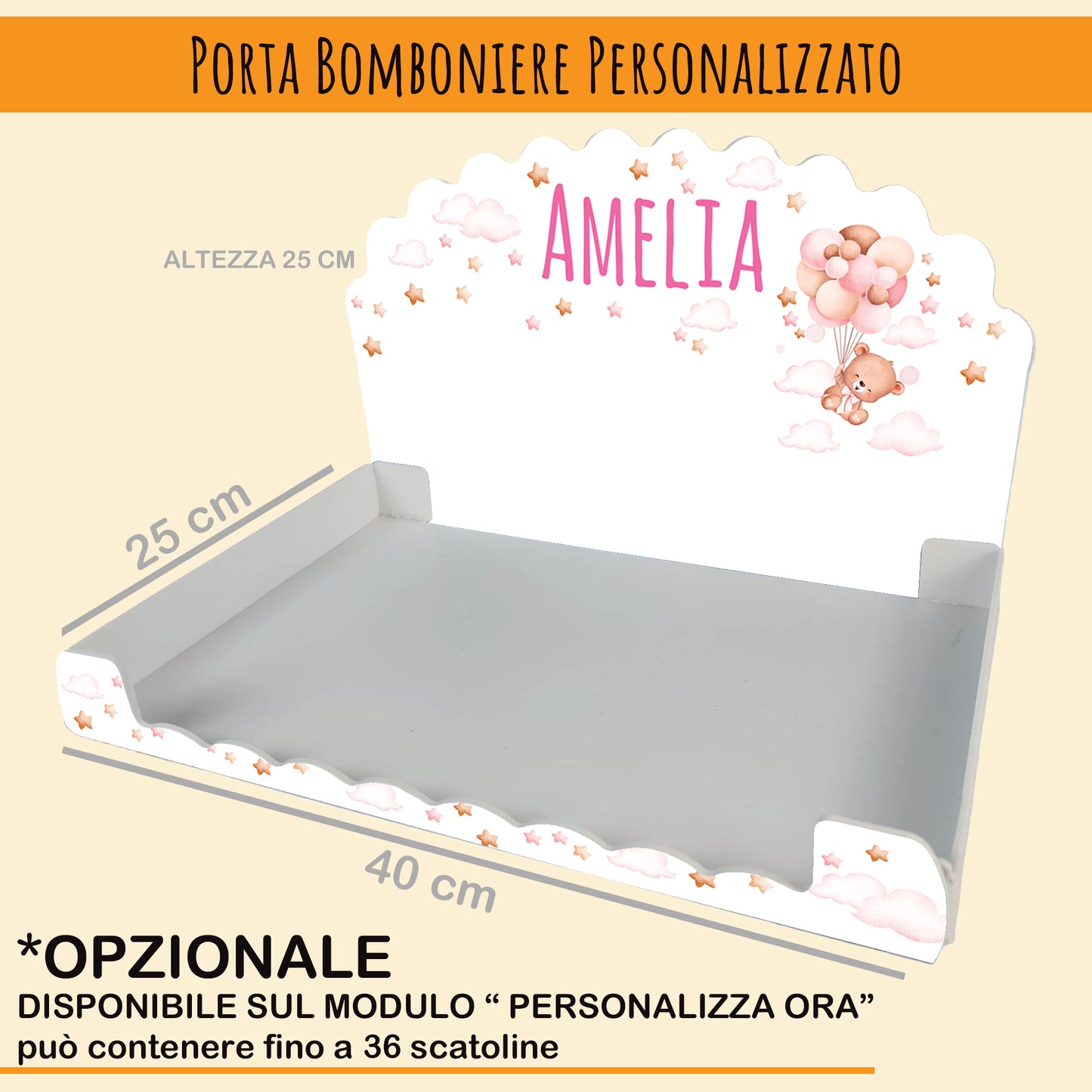 Pz 24+24 | Scatola Portaconfetti personalizzata con nome e data n. 24 scatole confetti + 24 Bigliettini Bomboniera, nastrino per chiusura incluso | Orsetto 40