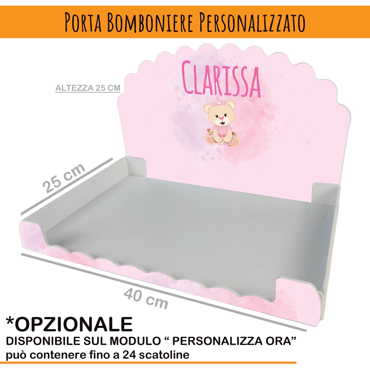 Pz 24+24 | Scatola Portaconfetti personalizzata con nome e data n. 24 scatole confetti + 24 Bigliettini Bomboniera, nastrino per chiusura incluso | Orsetto Bimba 01