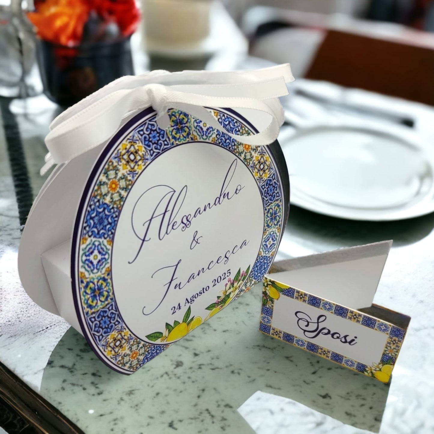 Pz 24+24 | Scatola Portaconfetti personalizzata con nome e data n. 24 scatole confetti + 24 Bigliettini Bomboniera, nastrino per chiusura incluso | Matrimonio 13