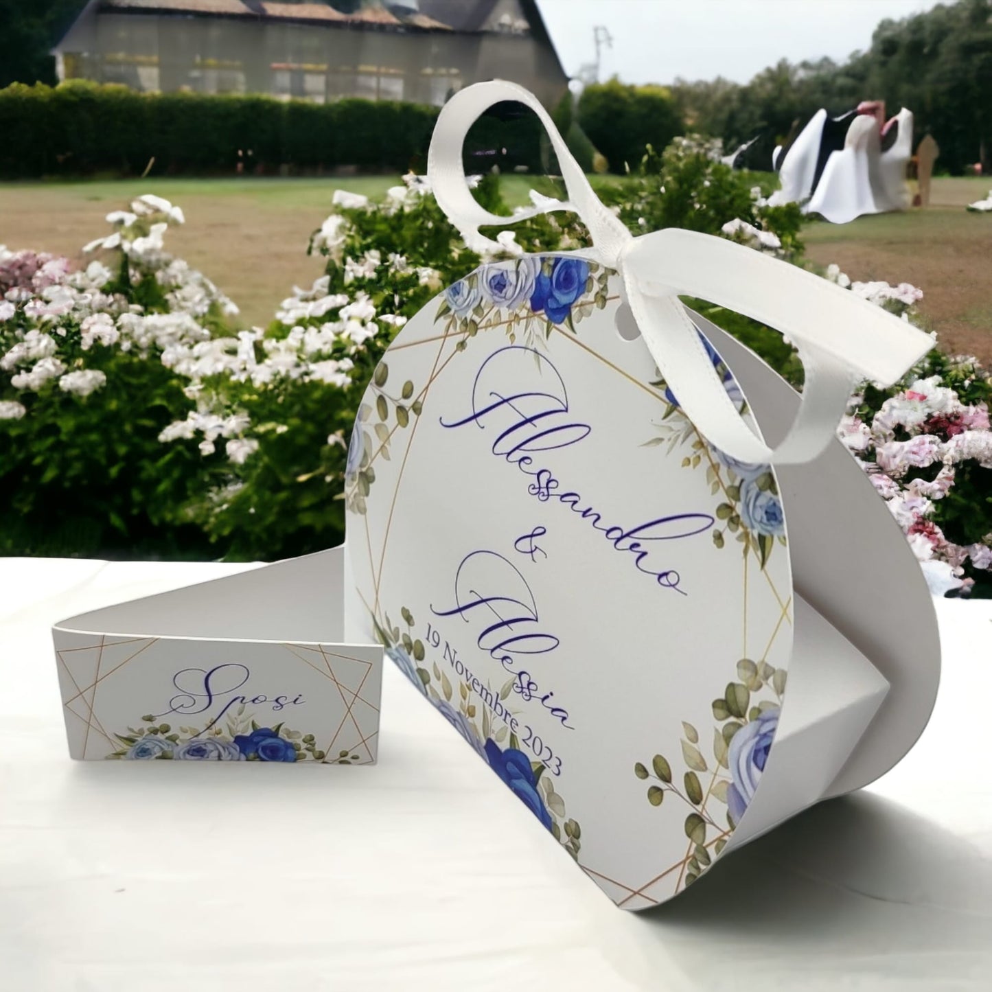 Pz 24+24 | Scatola Portaconfetti personalizzata con nome e data n. 24 scatole confetti + 24 Bigliettini Bomboniera, nastrino per chiusura incluso | Matrimonio 04