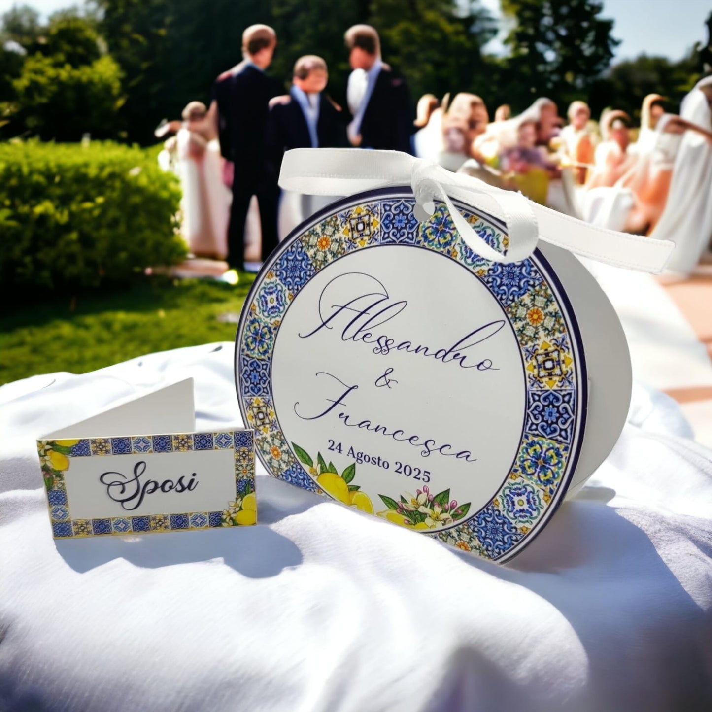 Pz 24+24 | Scatola Portaconfetti personalizzata con nome e data n. 24 scatole confetti + 24 Bigliettini Bomboniera, nastrino per chiusura incluso | Matrimonio 13
