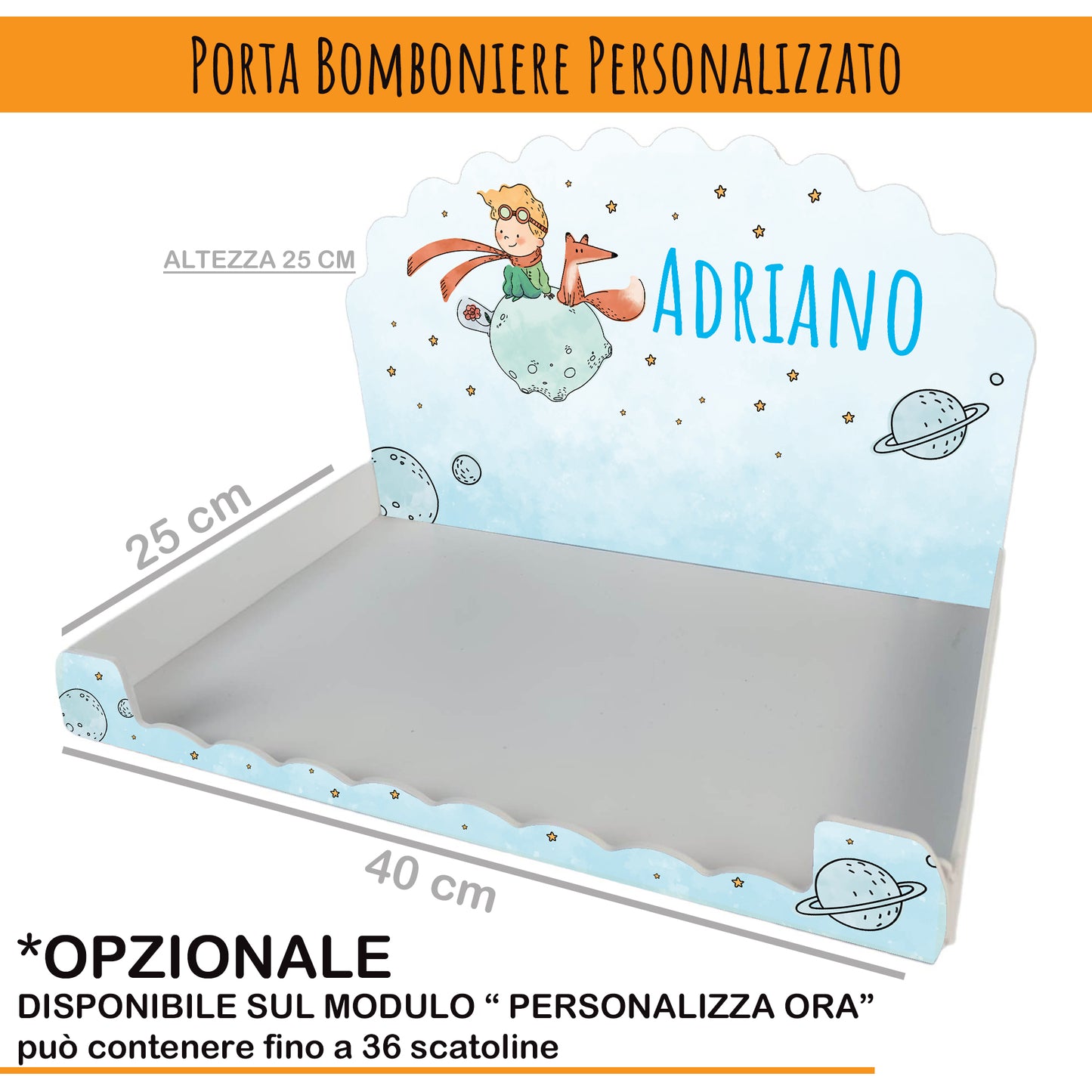Pz 24+24 | Scatola Portaconfetti personalizzata con nome e data n. 24 scatole confetti + 24 Bigliettini Bomboniera, nastrino per chiusura incluso | Piccolo principe volpe 06