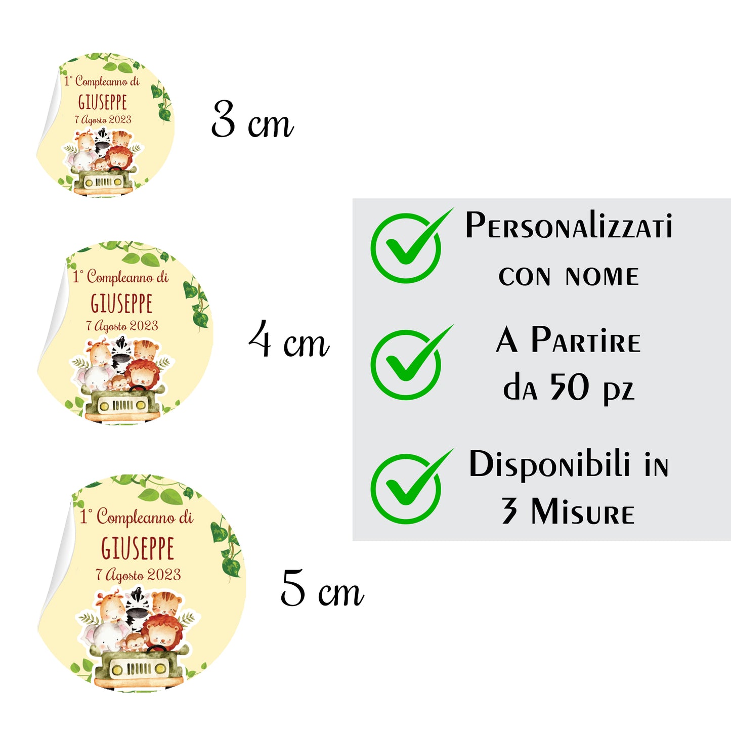 Tag Adesivi Personalizzati, Etichette Adesive per Battesimo e Nascita personalizzati Scegli la tua Misura e Personalizza (Safari 10)