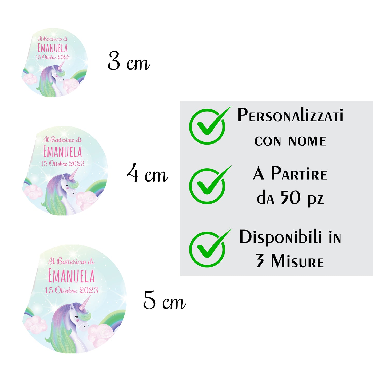 Tag Adesivi Personalizzati, Etichette Adesive per Battesimo e Nascita personalizzati Scegli la tua Misura e Personalizza (Unicorno 1)
