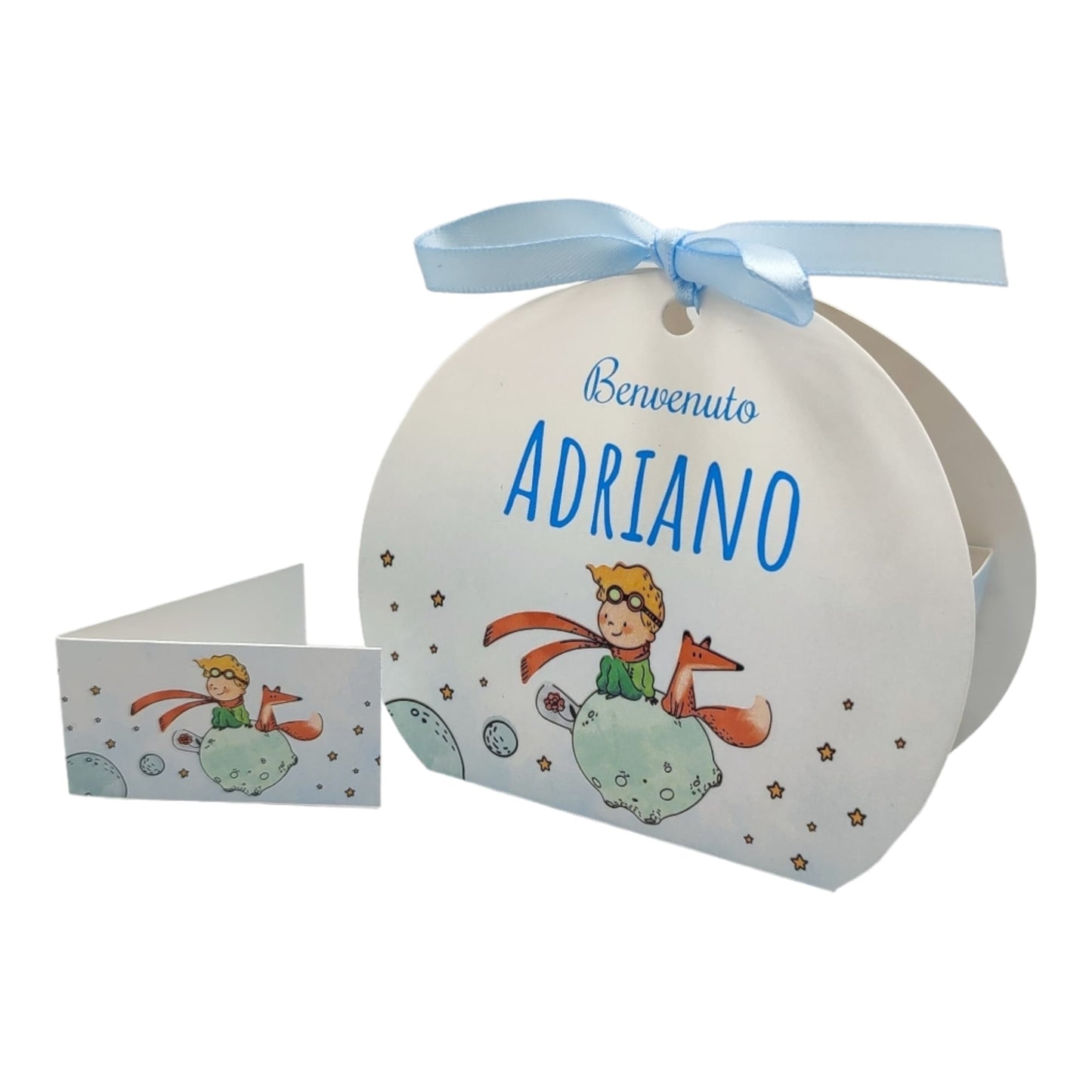 Pz 24+24 | Scatola Portaconfetti personalizzata con nome e data n. 24 scatole confetti + 24 Bigliettini Bomboniera, nastrino per chiusura incluso | Piccolo principe volpe 06