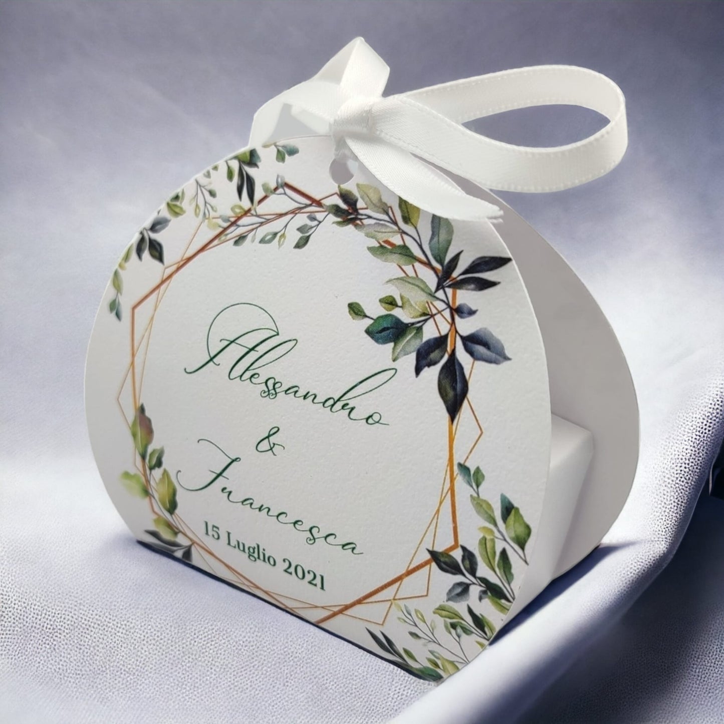 Pz 24+24 | Scatola Portaconfetti personalizzata con nome e data n. 24 scatole confetti + 24 Bigliettini Bomboniera, nastrino per chiusura incluso | Matrimonio 01
