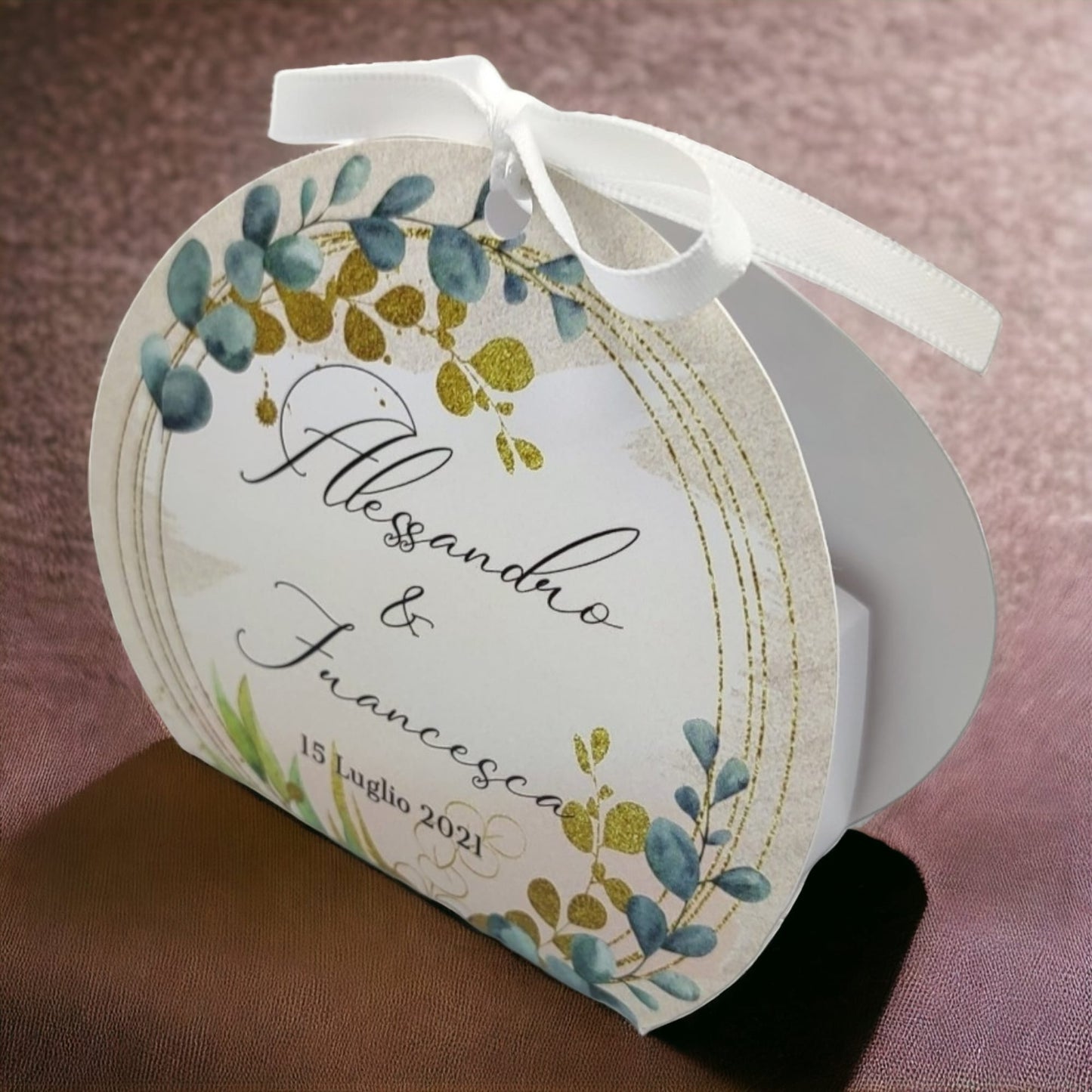 Pz 24+24 | Scatola Portaconfetti personalizzata con nome e data n. 24 scatole confetti + 24 Bigliettini Bomboniera, nastrino per chiusura incluso | Matrimonio 02