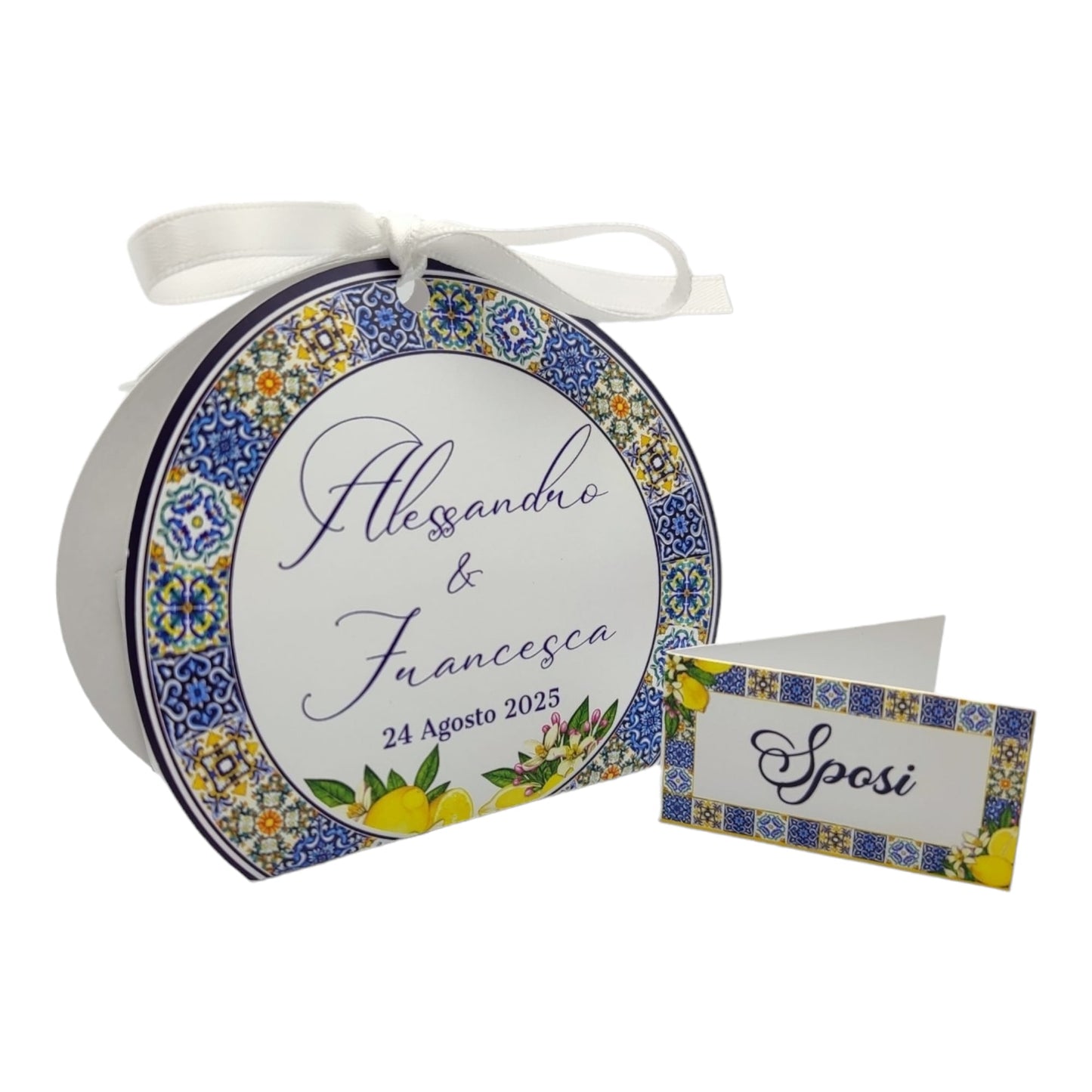 Pz 24+24 | Scatola Portaconfetti personalizzata con nome e data n. 24 scatole confetti + 24 Bigliettini Bomboniera, nastrino per chiusura incluso | Matrimonio 13