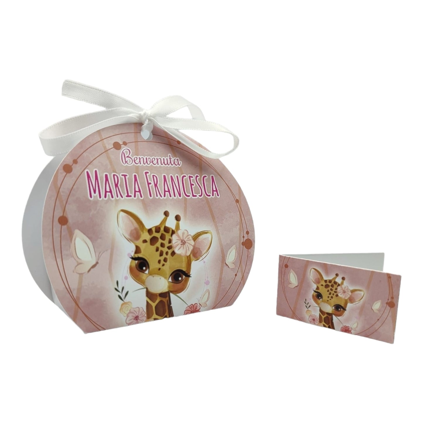Pz 24+24 | Scatola Portaconfetti personalizzata con nome e data n. 24 scatole confetti + 24 Bigliettini Bomboniera, nastrino per chiusura incluso | Giraffa 28