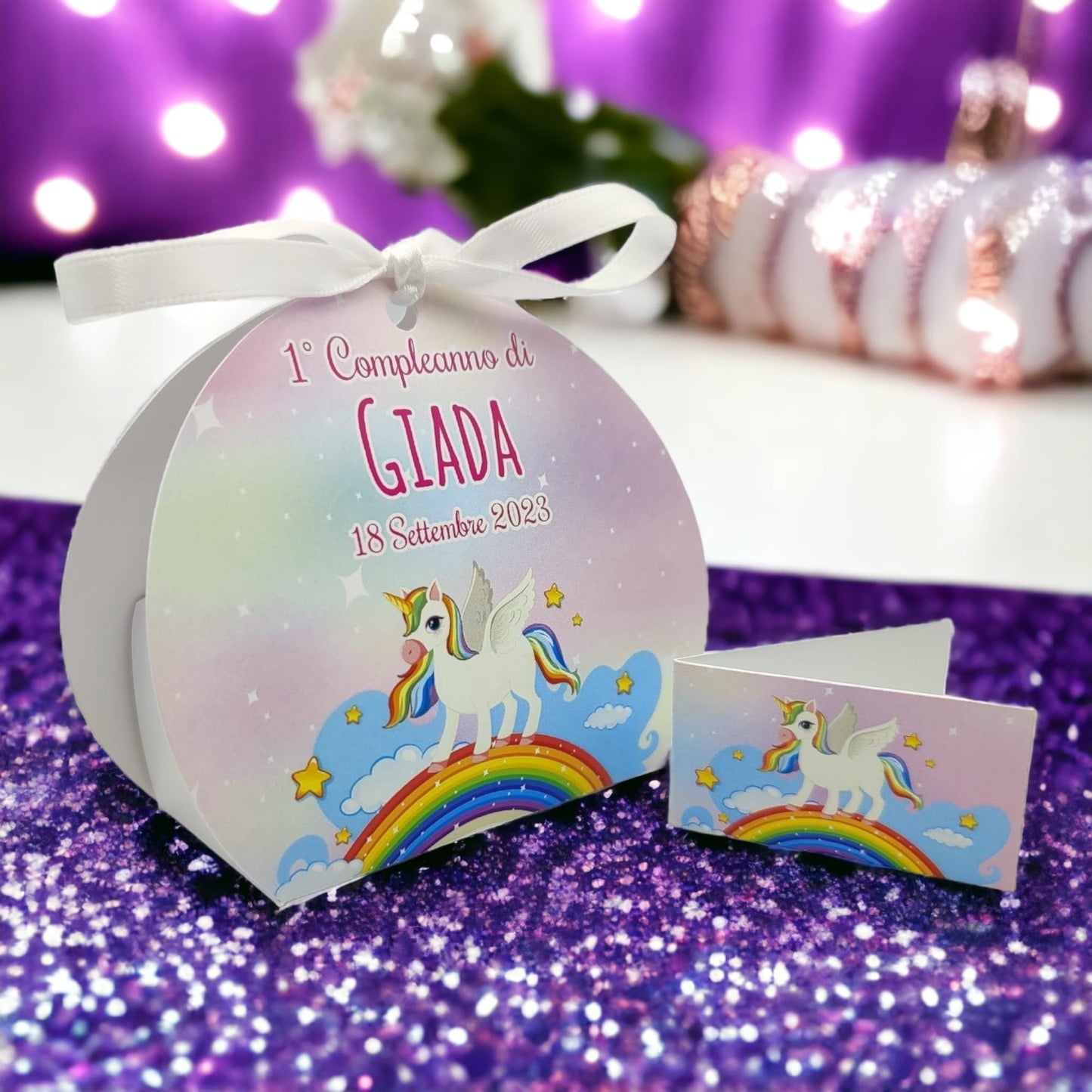 Pz 24+24 | Scatola Portaconfetti personalizzata con nome e data n. 24 scatole confetti + 24 Bigliettini Bomboniera, nastrino per chiusura incluso | Unicorno 39