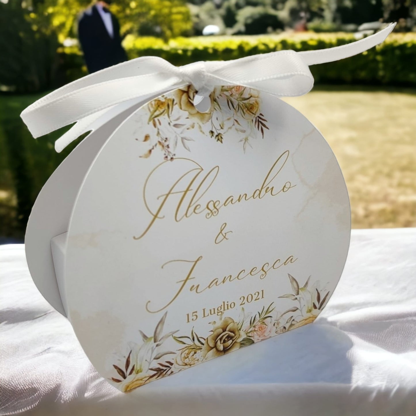 Pz 24+24 | Scatola Portaconfetti personalizzata con nome e data n. 24 scatole confetti + 24 Bigliettini Bomboniera, nastrino per chiusura incluso | Matrimonio 06