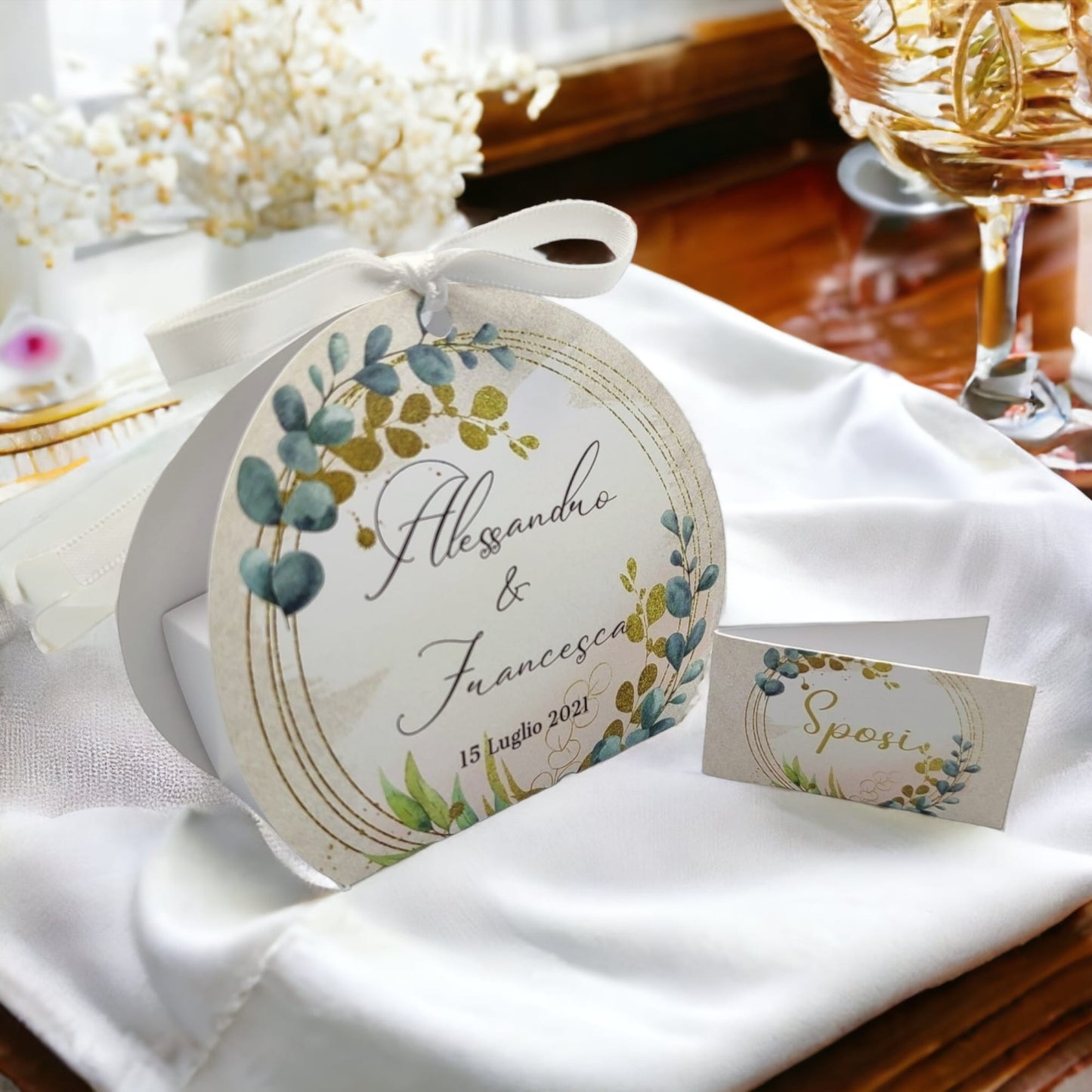 Pz 24+24 | Scatola Portaconfetti personalizzata con nome e data n. 24 scatole confetti + 24 Bigliettini Bomboniera, nastrino per chiusura incluso | Matrimonio 02