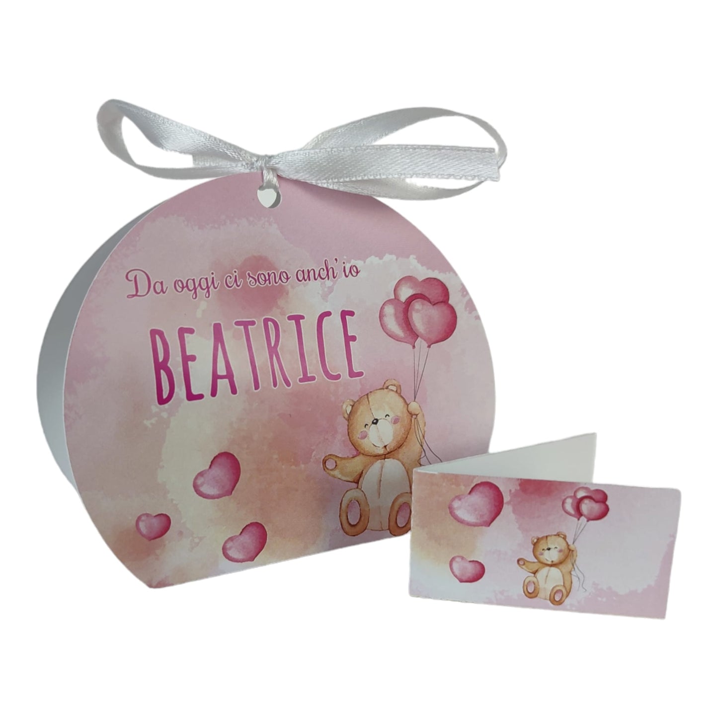 Pz 24+24 | Scatola Portaconfetti personalizzata con nome e data n. 24 scatole confetti + 24 Bigliettini Bomboniera, nastrino per chiusura incluso | Orsetto Bimba 09