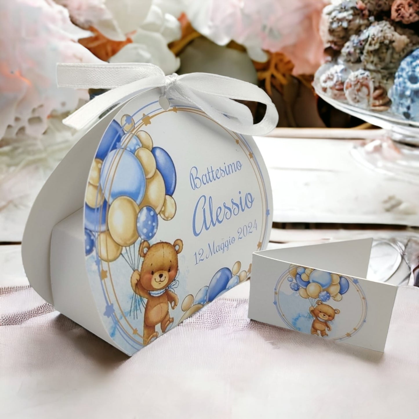 Pz 24+24 | Scatola Portaconfetti personalizzata con nome e data n. 24 scatole confetti + 24 Bigliettini Bomboniera, nastrino per chiusura incluso | Modello 59