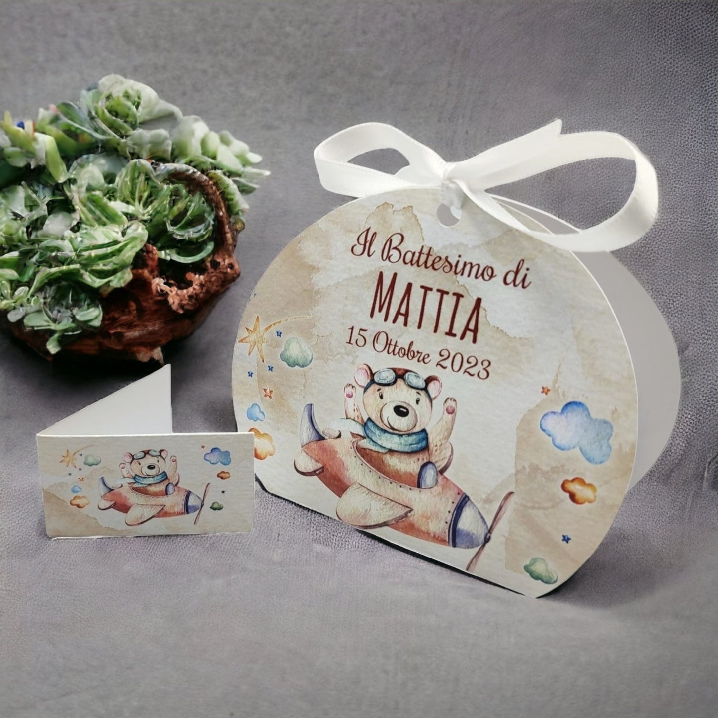 Pz 24+24 | Scatola Portaconfetti personalizzata con nome e data n. 24 scatole confetti + 24 Bigliettini Bomboniera, nastrino per chiusura incluso | Aereo 27