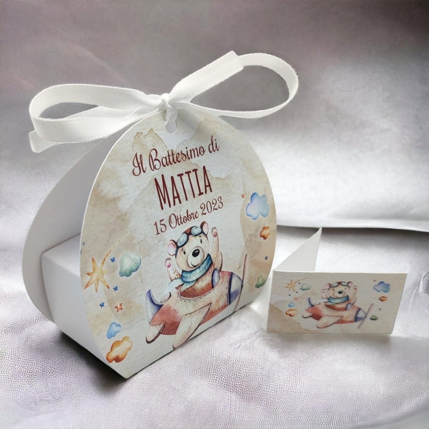 Pz 24+24 | Scatola Portaconfetti personalizzata con nome e data n. 24 scatole confetti + 24 Bigliettini Bomboniera, nastrino per chiusura incluso | Aereo 27