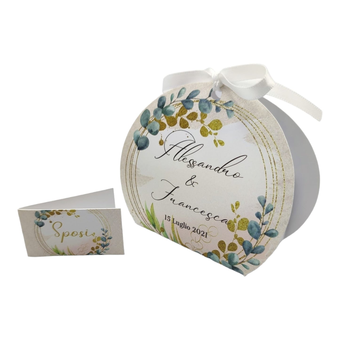 Pz 24+24 | Scatola Portaconfetti personalizzata con nome e data n. 24 scatole confetti + 24 Bigliettini Bomboniera, nastrino per chiusura incluso | Matrimonio 02