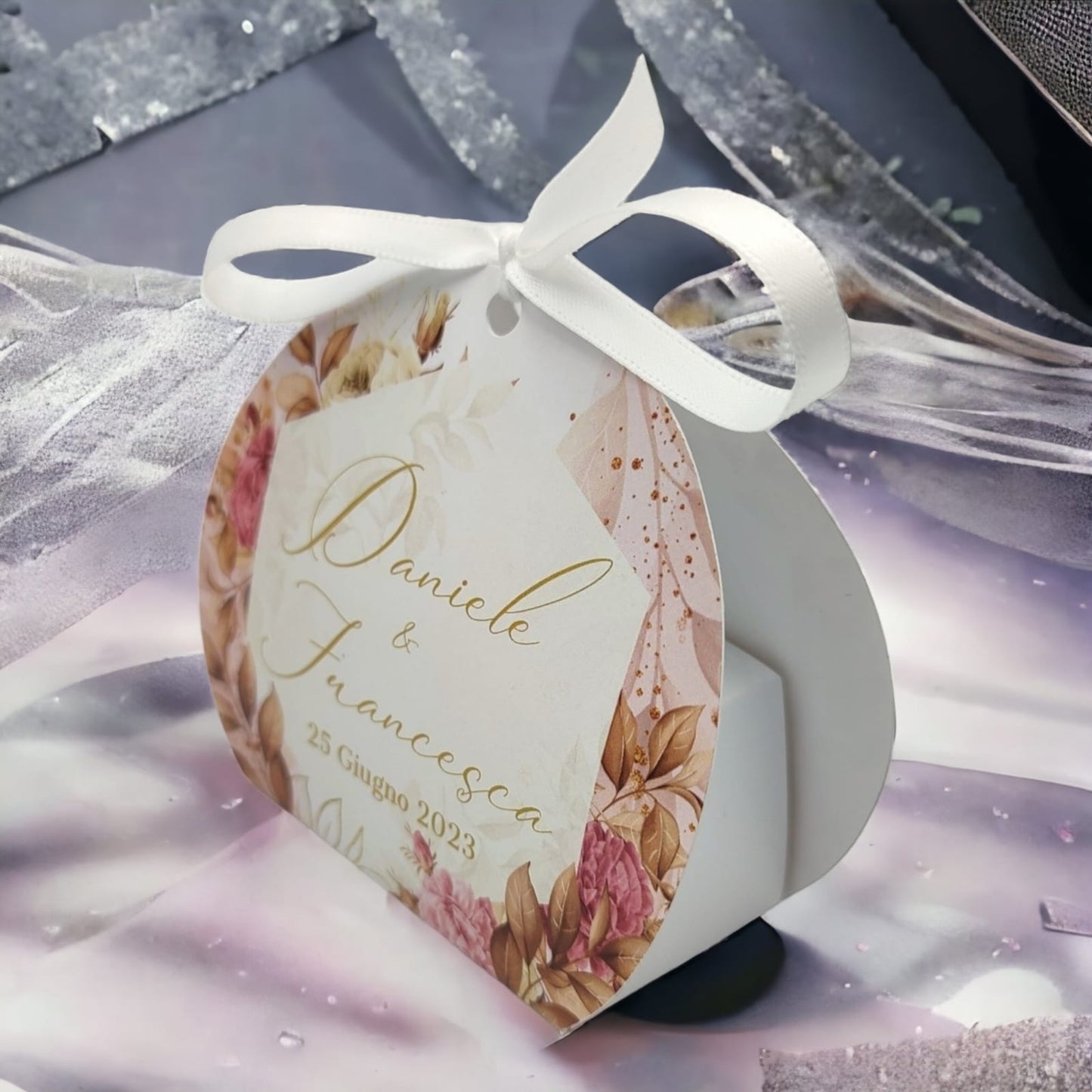 Pz 24+24 | Scatola Portaconfetti personalizzata con nome e data n. 24 scatole confetti + 24 Bigliettini Bomboniera, nastrino per chiusura incluso | Matrimonio 08