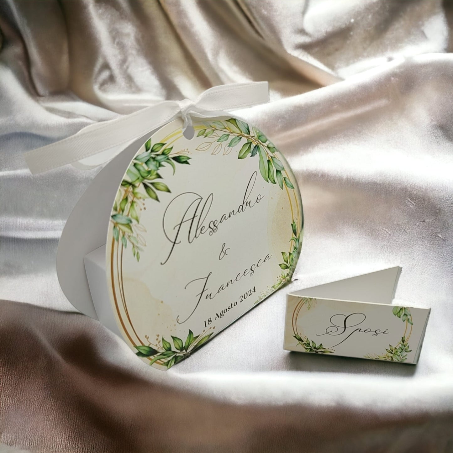 Pz 24+24 | Scatola Portaconfetti personalizzata con nome e data n. 24 scatole confetti + 24 Bigliettini Bomboniera, nastrino per chiusura incluso | Matrimonio 09