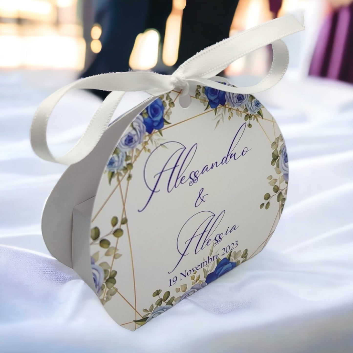 Pz 24+24 | Scatola Portaconfetti personalizzata con nome e data n. 24 scatole confetti + 24 Bigliettini Bomboniera, nastrino per chiusura incluso | Matrimonio 04