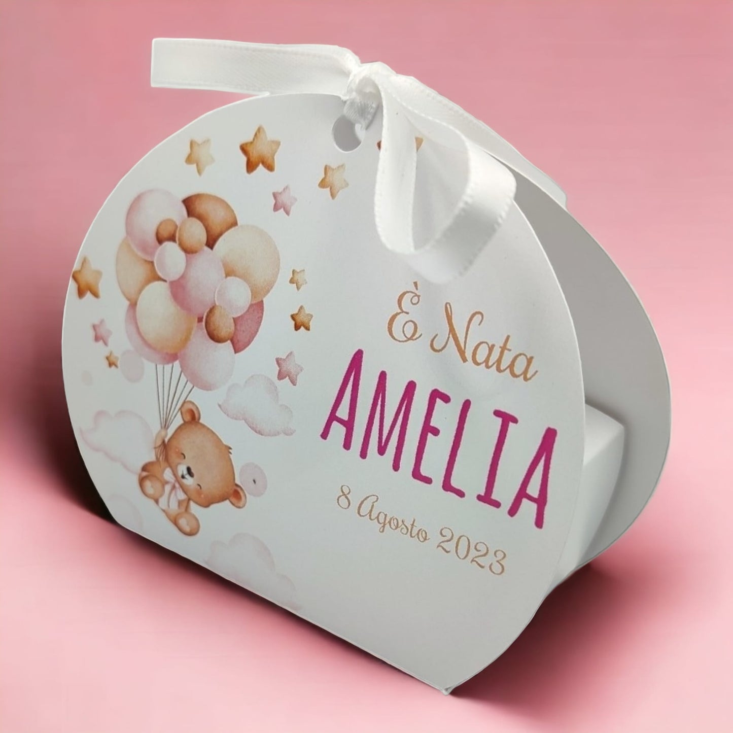 Pz 24+24 | Scatola Portaconfetti personalizzata con nome e data n. 24 scatole confetti + 24 Bigliettini Bomboniera, nastrino per chiusura incluso | Orsetto 40
