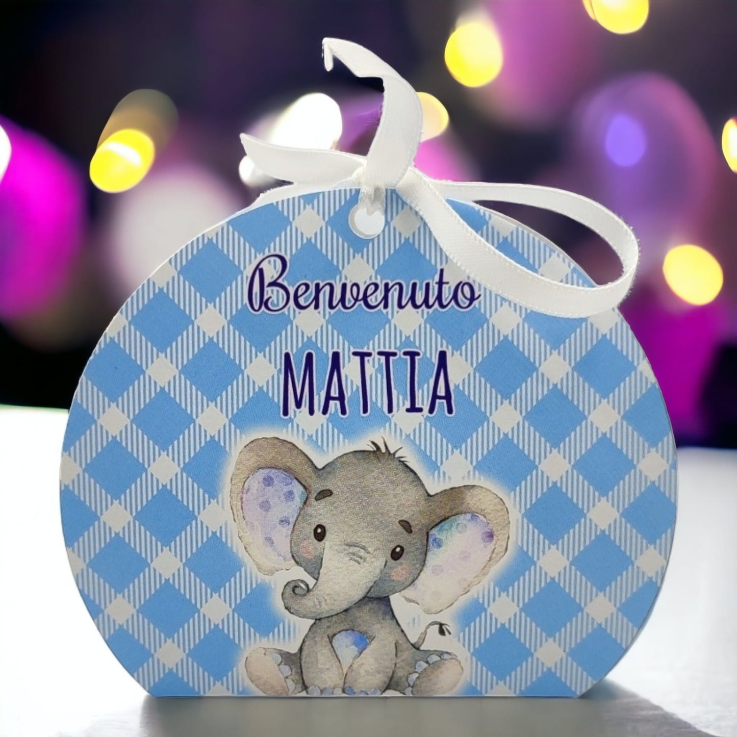 Pz 24+24 | Scatola Portaconfetti personalizzata con nome e data n. 24 scatole confetti + 24 Bigliettini Bomboniera, nastrino per chiusura incluso | Elefantino 01