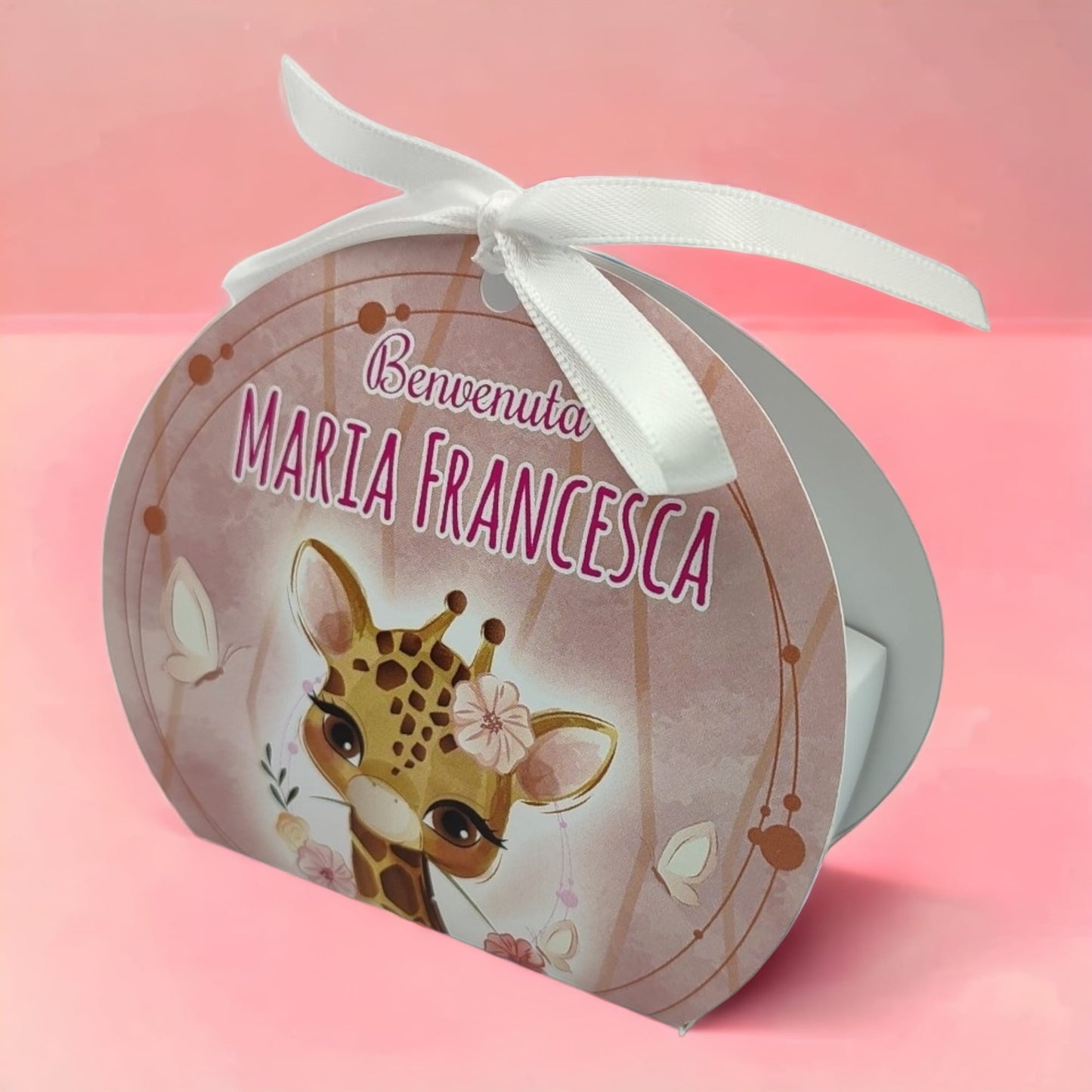 Pz 24+24 | Scatola Portaconfetti personalizzata con nome e data n. 24 scatole confetti + 24 Bigliettini Bomboniera, nastrino per chiusura incluso | Giraffa 28
