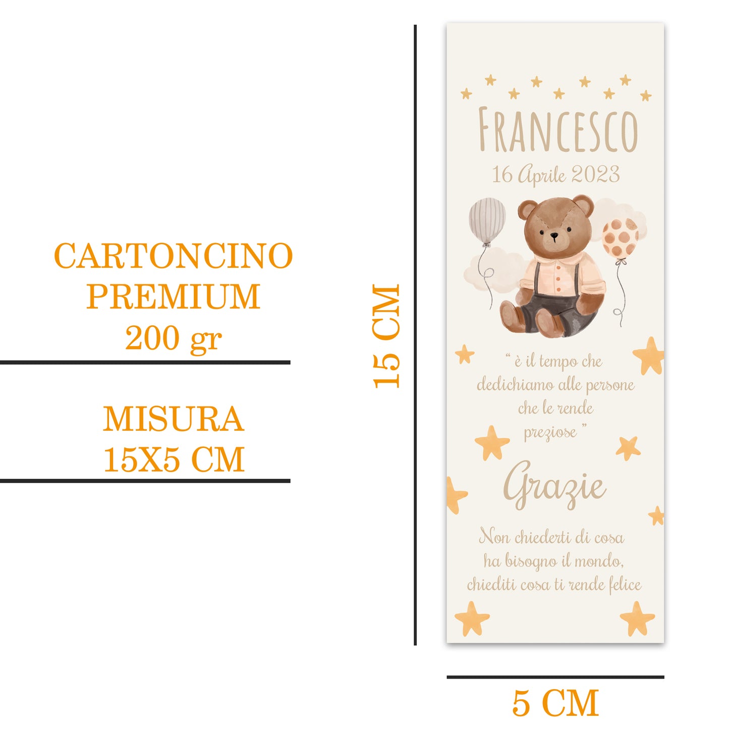 Segnaposto Battesimo Personalizzato in Cartoncino Martellato 15x5 |Orsetto 42