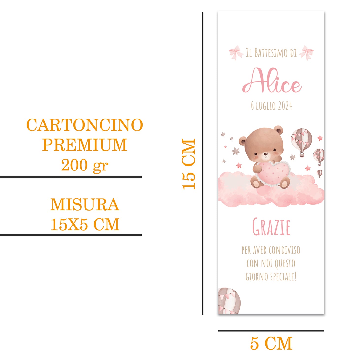 Segnaposto Battesimo Personalizzato in Cartoncino Martellato 15x5 | Bimba 70