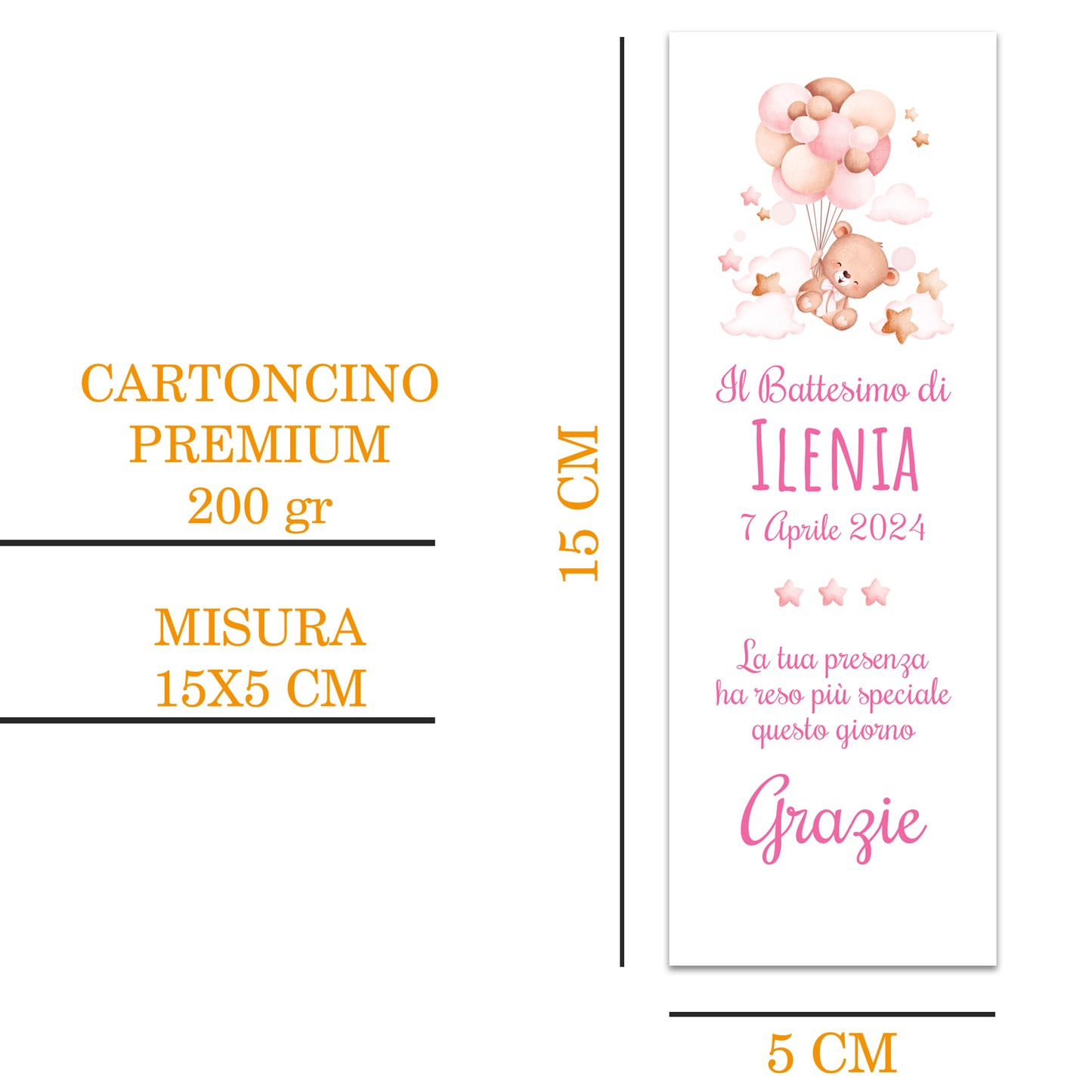 Segnaposto Battesimo Personalizzato in Cartoncino Martellato 15x5 | Bimba 40
