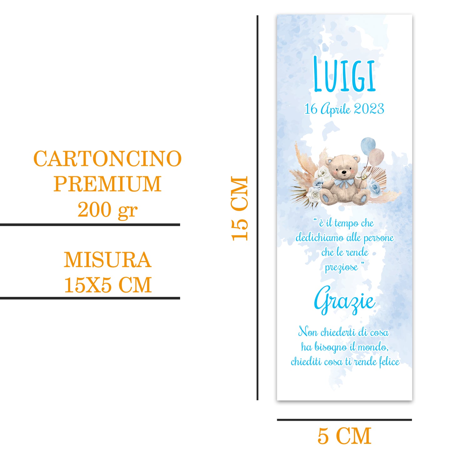 Segnaposto Battesimo Personalizzato in Cartoncino Martellato 15x5 | Orsetto 35
