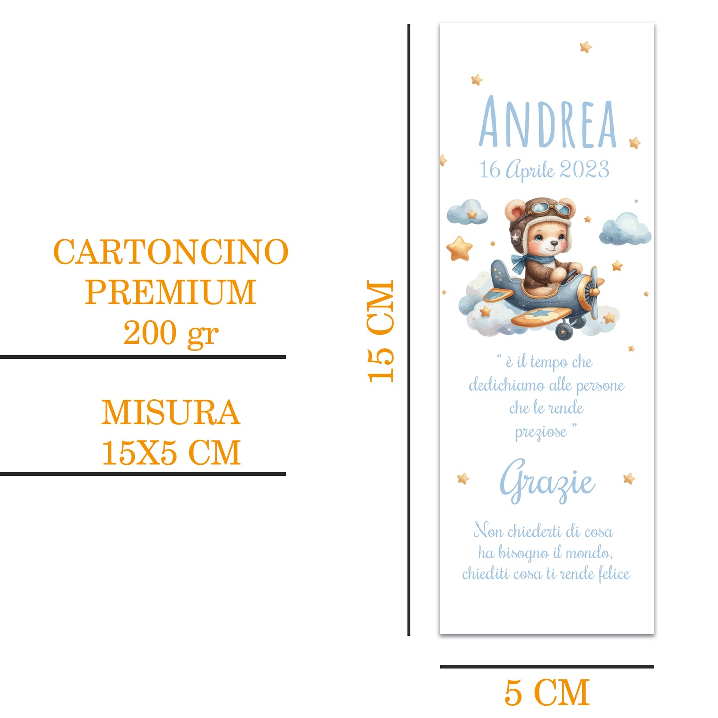 Segnaposto Battesimo Personalizzato in Cartoncino Martellato 15x5 | Aereoplano 87