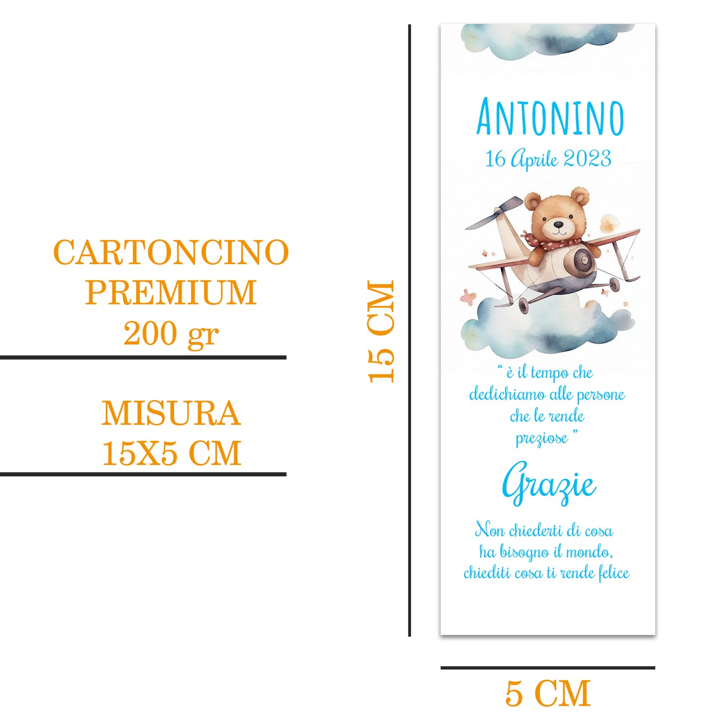 Segnaposto Battesimo Personalizzato in Cartoncino Martellato 15x5 | Aereoplano 62