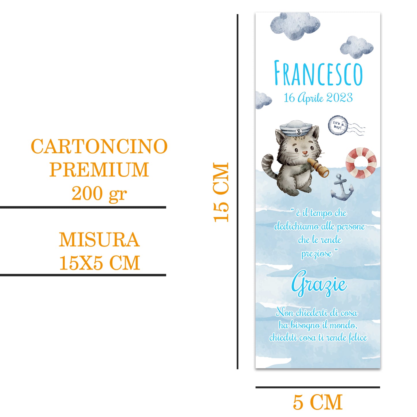 Segnaposto Battesimo Personalizzato in Cartoncino Martellato 15x5 | Bimbo 76