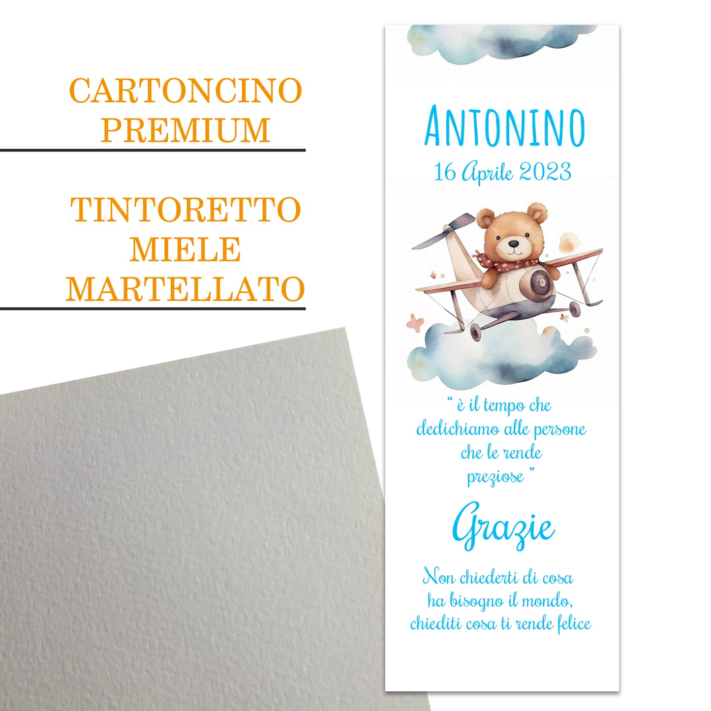 Segnaposto Battesimo Personalizzato in Cartoncino Martellato 15x5 | Aereoplano 62