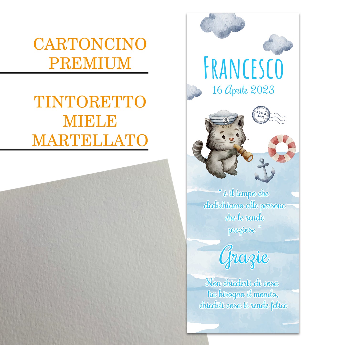 Segnaposto Battesimo Personalizzato in Cartoncino Martellato 15x5 | Bimbo 76