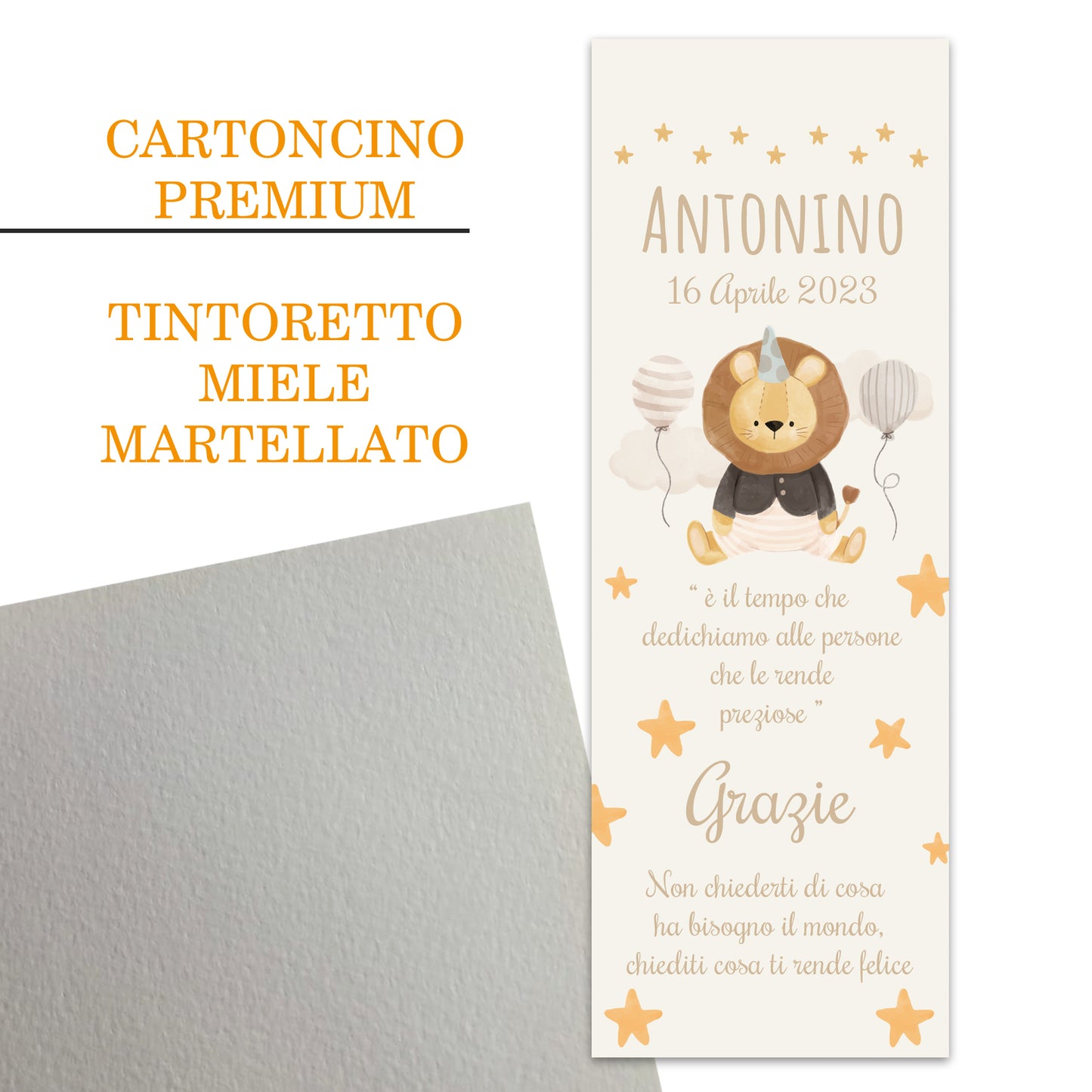 Segnaposto Battesimo Personalizzato in Cartoncino Martellato 15x5 | Leoncino 43