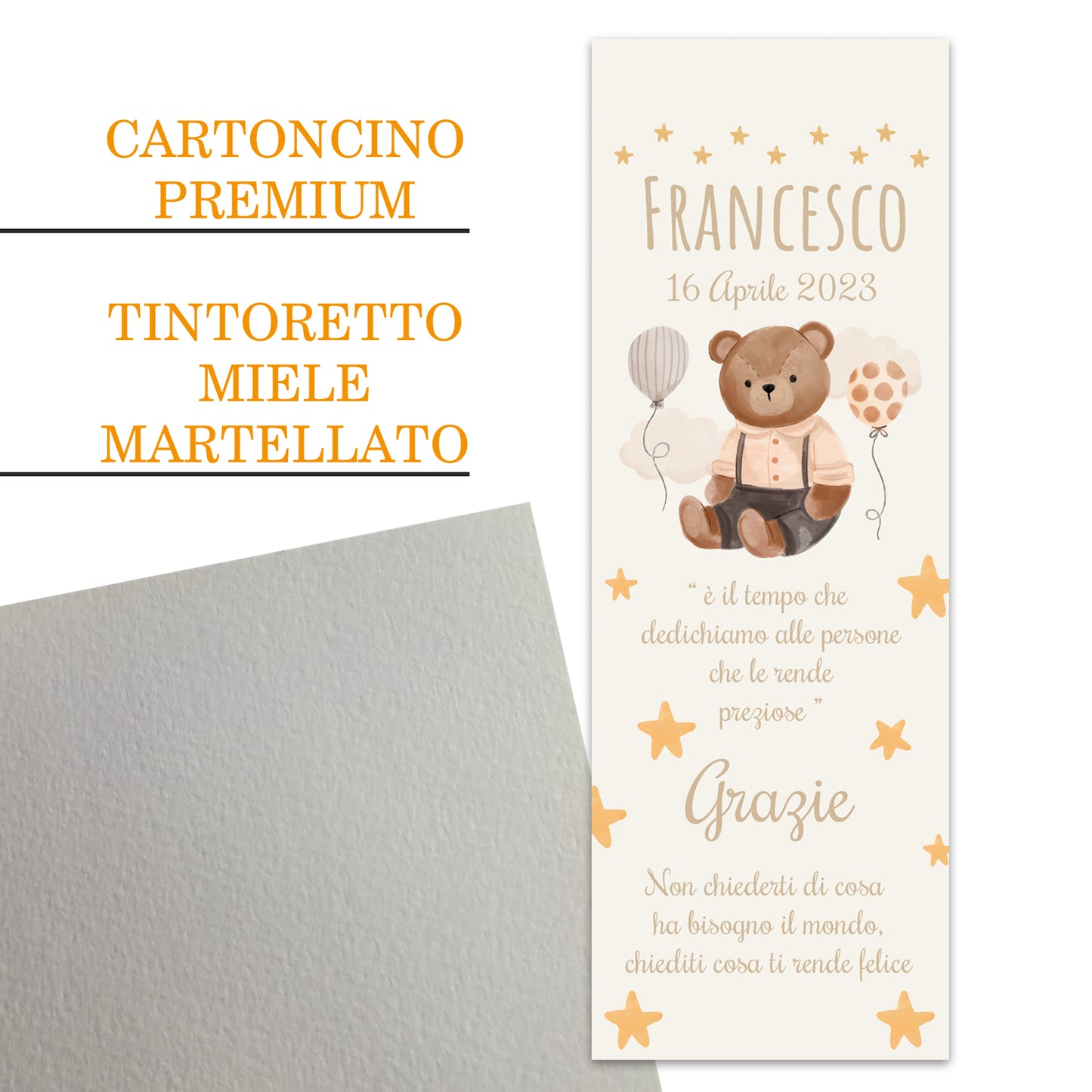 Segnaposto Battesimo Personalizzato in Cartoncino Martellato 15x5 |Orsetto 42