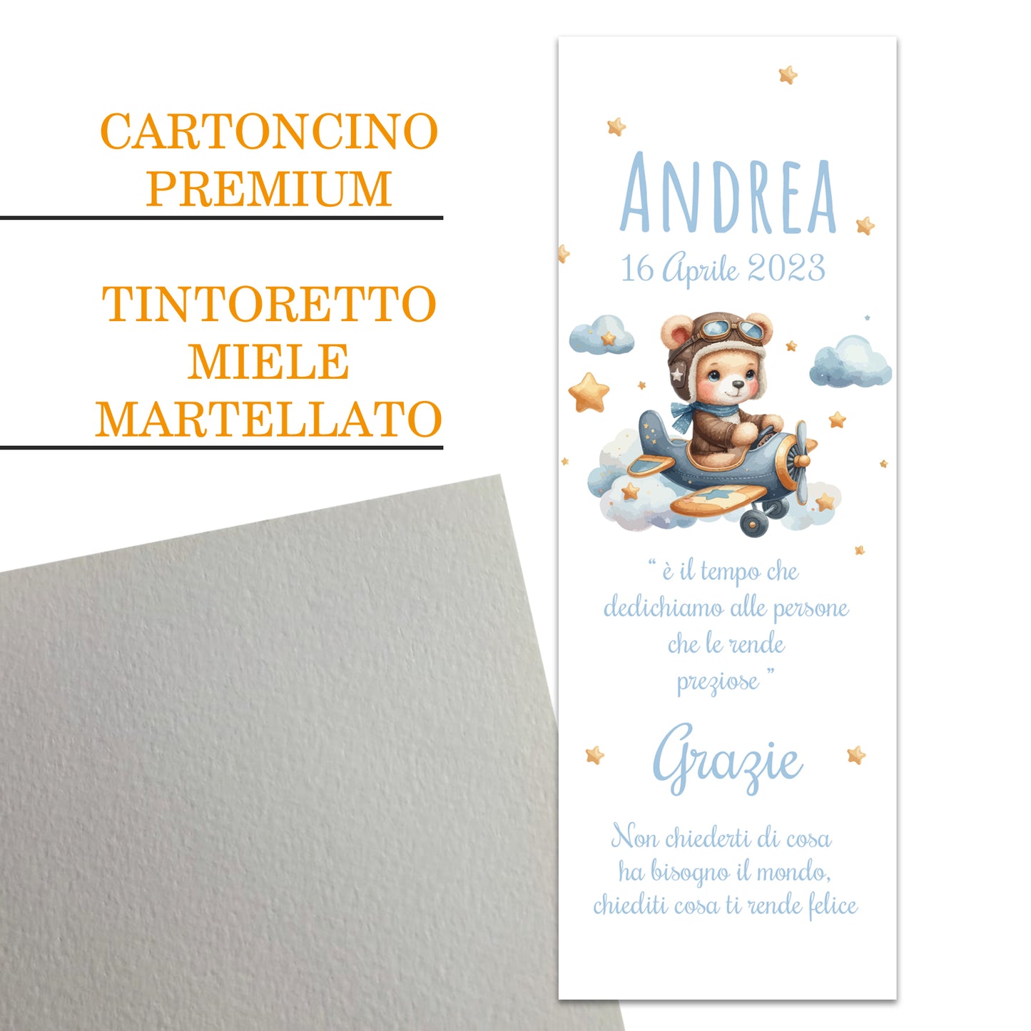Segnaposto Battesimo Personalizzato in Cartoncino Martellato 15x5 | Aereoplano 87