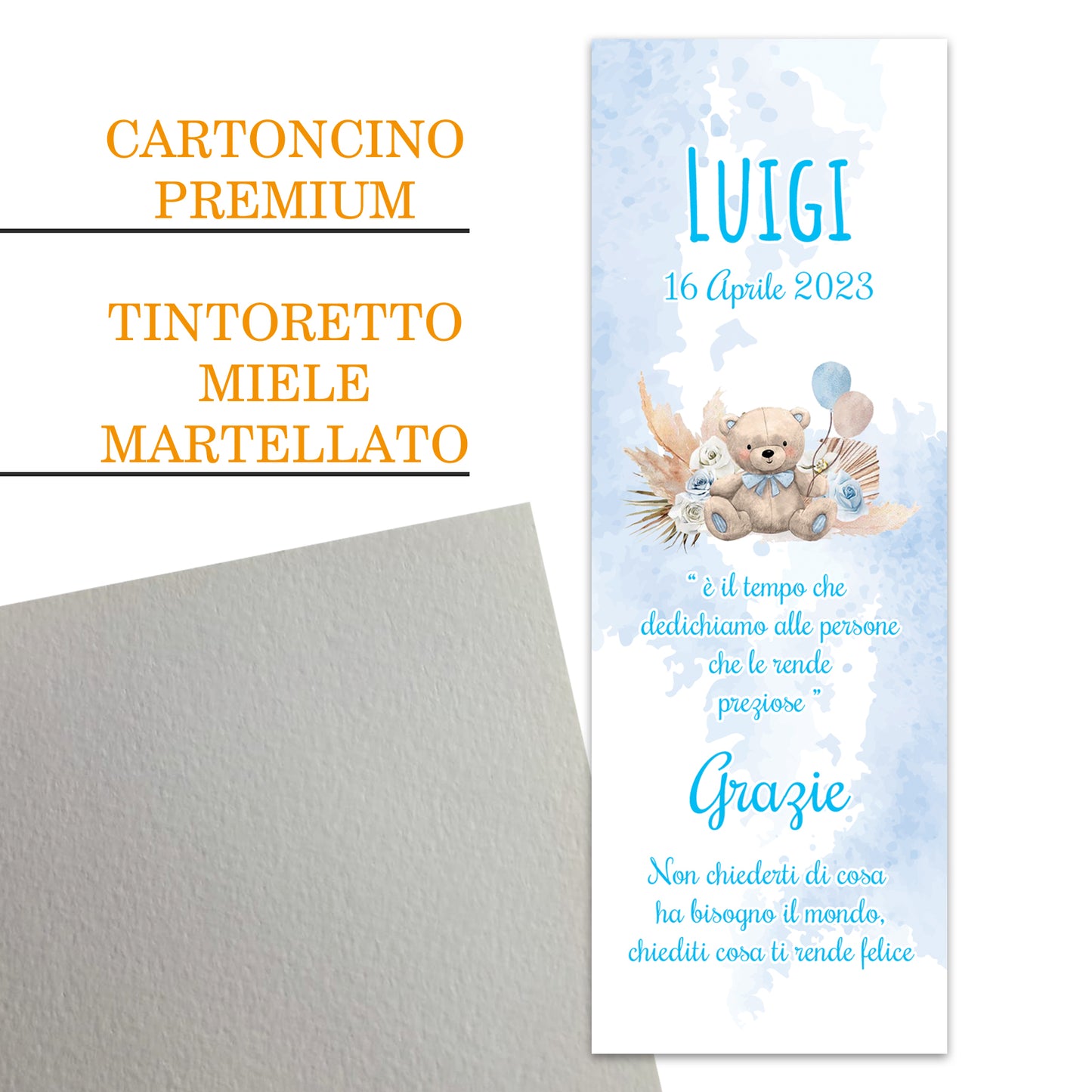 Segnaposto Battesimo Personalizzato in Cartoncino Martellato 15x5 | Orsetto 35