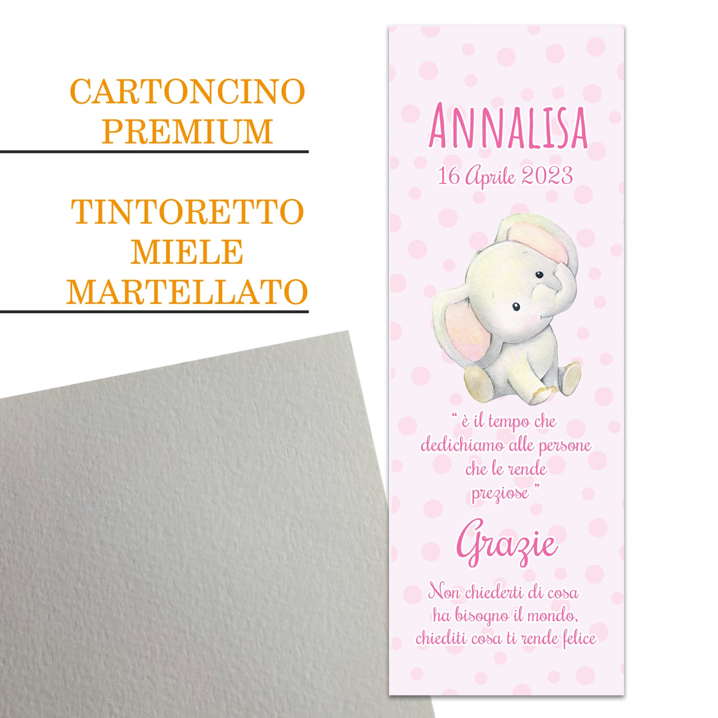 Segnaposto Battesimo Personalizzato in Cartoncino Martellato 15x5 | Elefantino 15