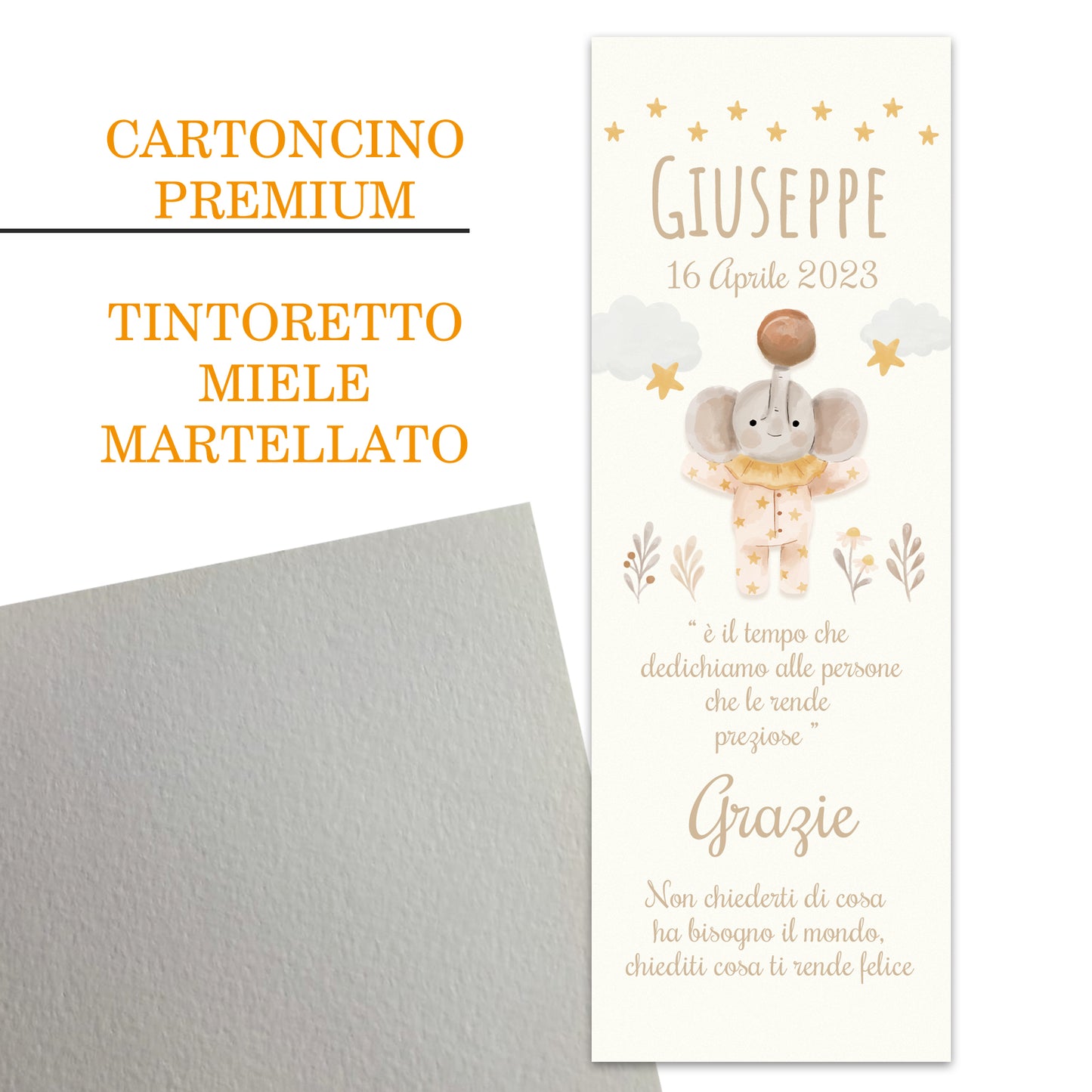 Segnaposto Battesimo Personalizzato in Cartoncino Martellato 15x5 | Elefantino 45