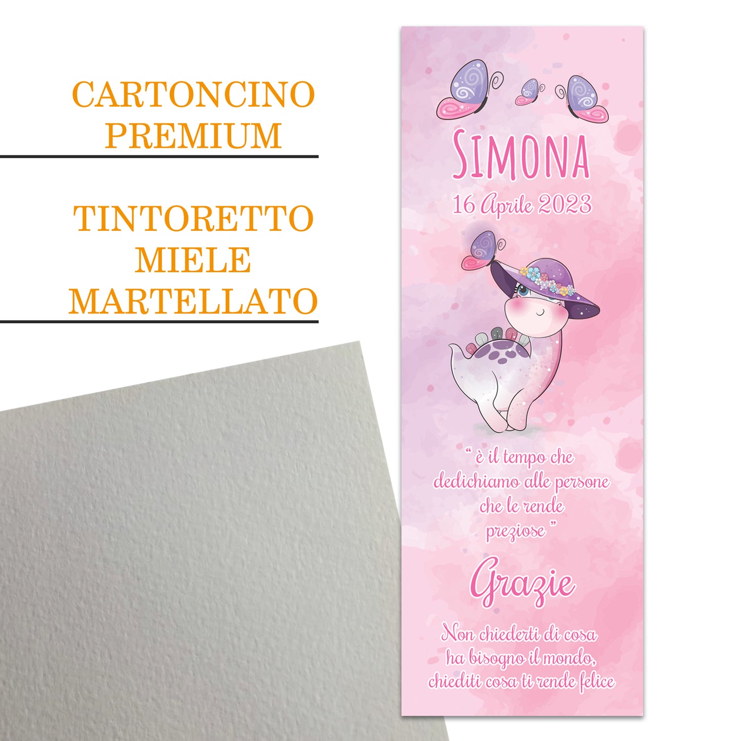Segnaposto Battesimo Personalizzato in Cartoncino Martellato 15x5 | Dinosauro 13