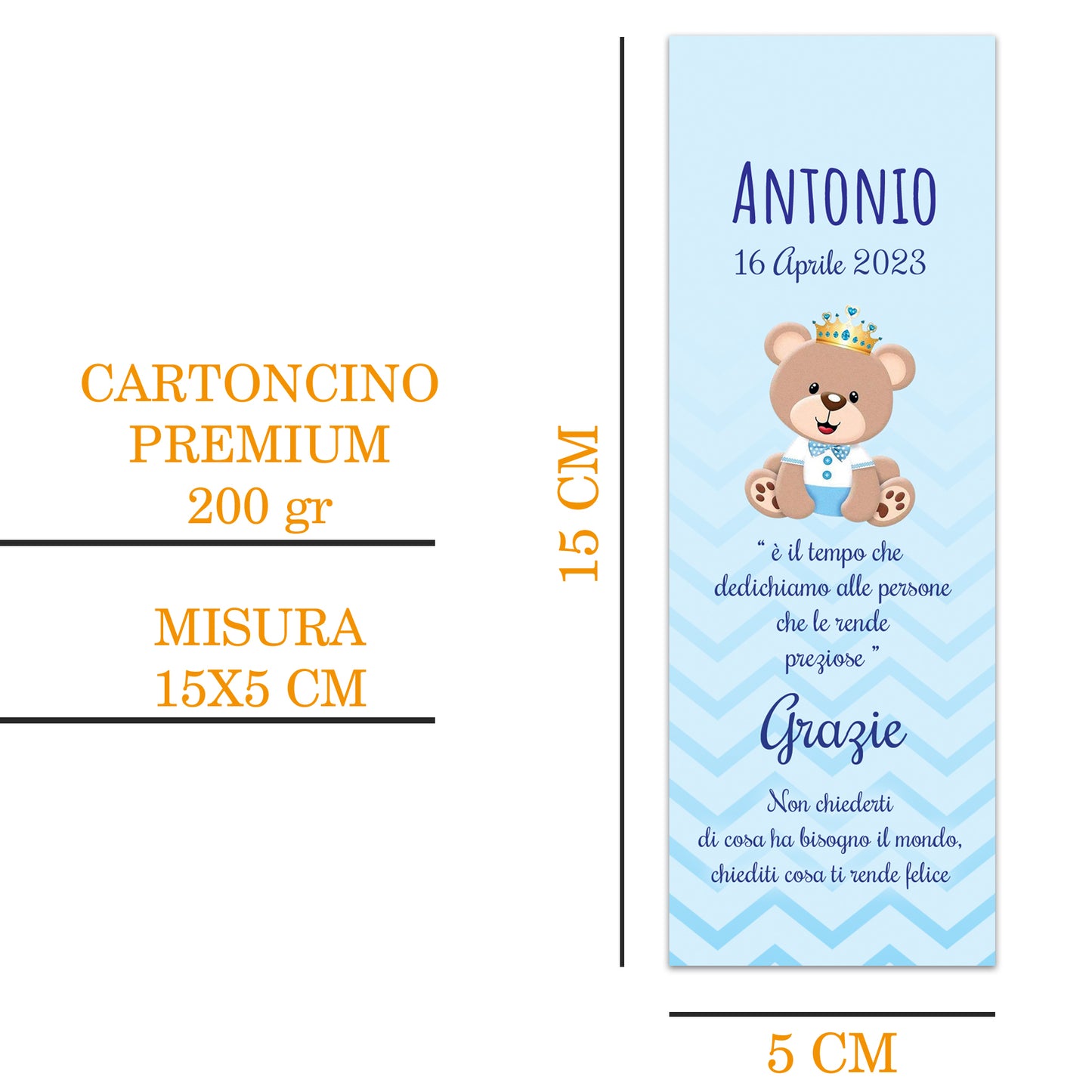 Segnaposto Battesimo Personalizzato in Cartoncino Martellato 15x5 | Orsetto Bimbo 08