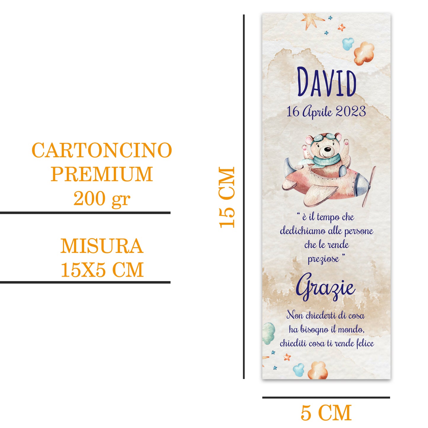 Segnaposto Battesimo Personalizzato in Cartoncino Martellato 15x5 | Aereo 27