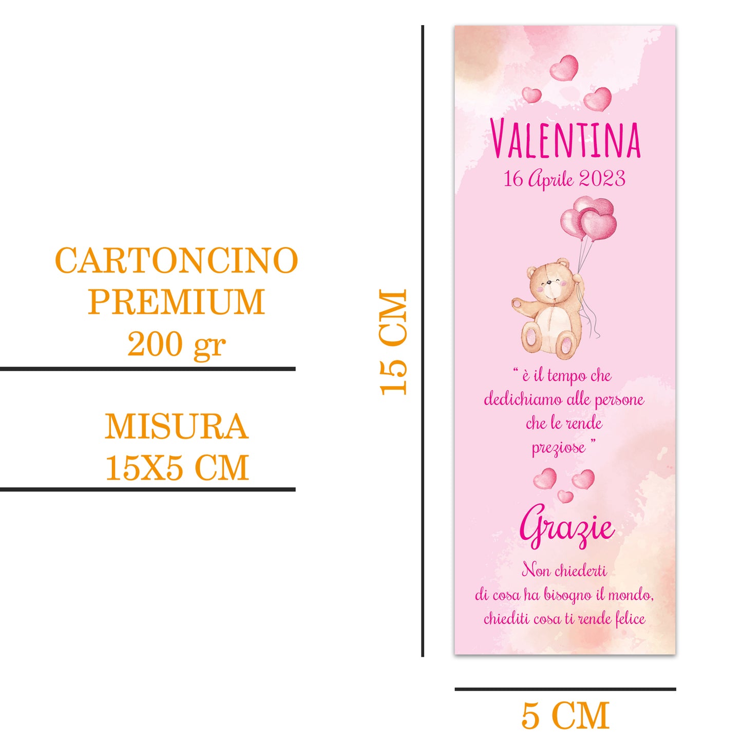 Segnaposto Battesimo Personalizzato in Cartoncino Martellato 15x5 | Orsetto Bimba 09