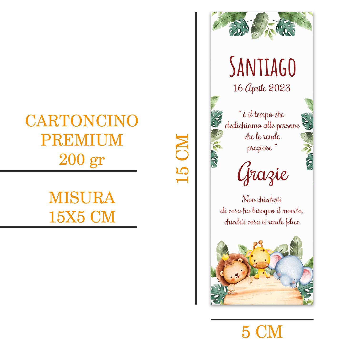 Segnaposto Battesimo Personalizzato in Cartoncino Martellato 15x5 | Safari 26