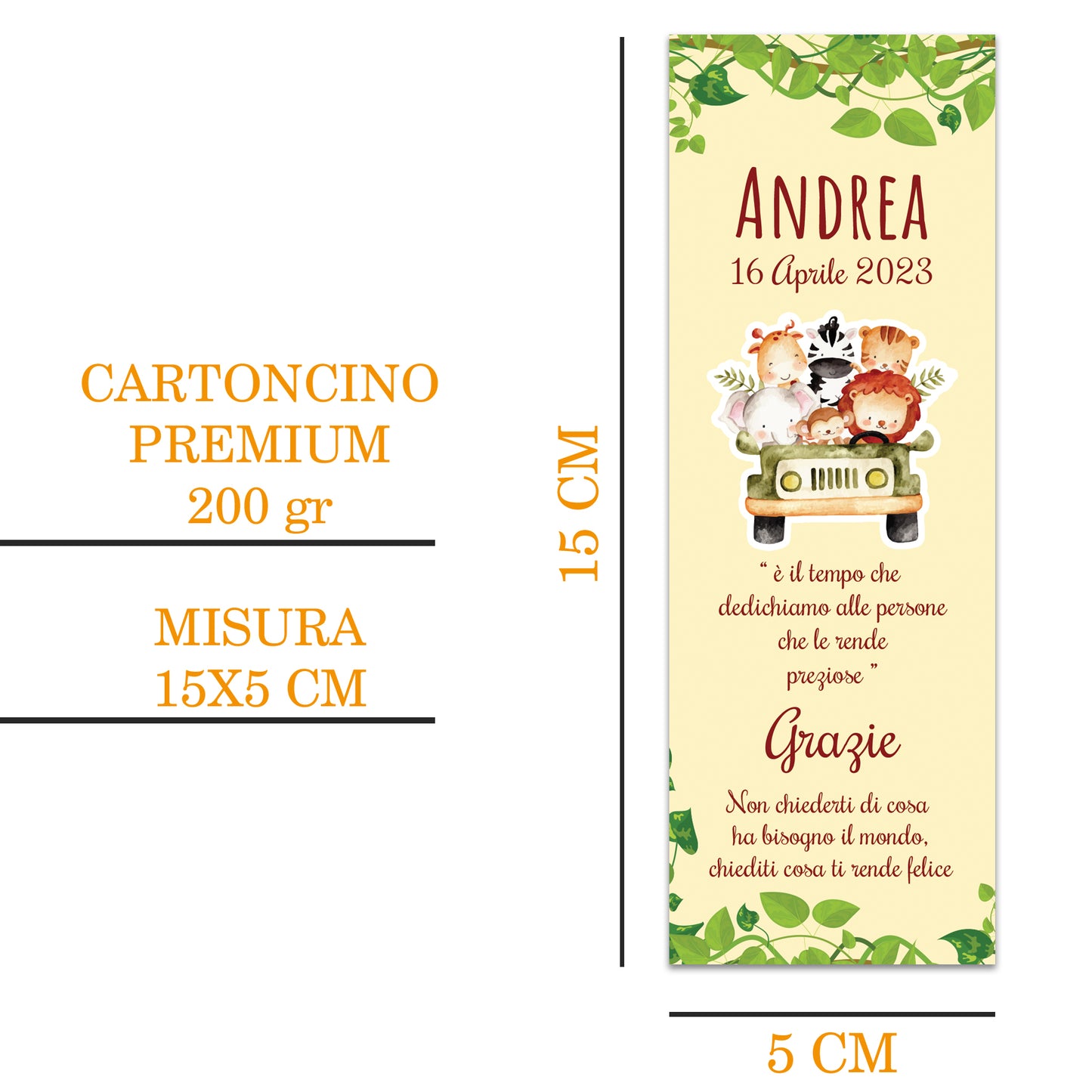 Segnaposto Battesimo Personalizzato in Cartoncino Martellato 15x5 | Safari 10